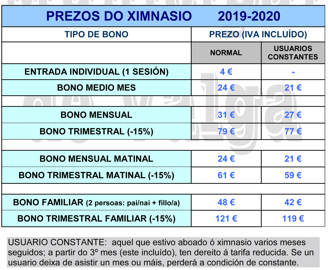 PREZOS DO XIMNASIO 2019